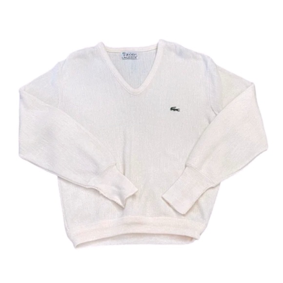 Lacoste Izod Sweater Gator Patch Ivory V Neck Vintage 90s Tennis Preppy Mens L - Picture 1 of 10